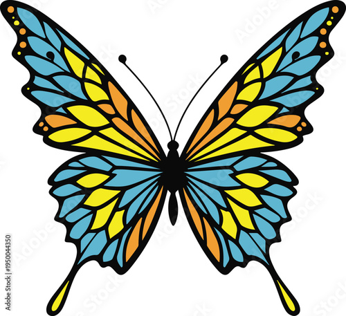Colorful bold line art illustration of a butterfly with geometric patterned wings, minimal vector design, thick outlines, vibrant flat colors, isolated on white