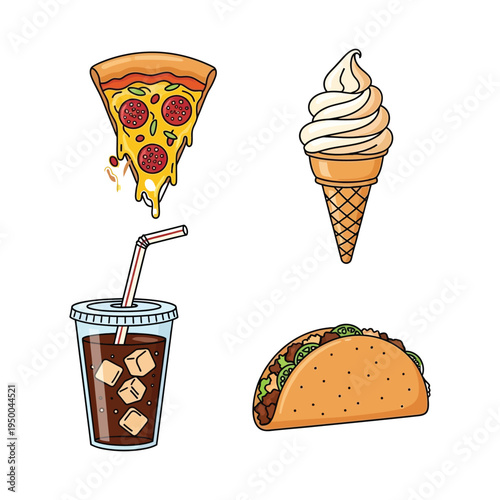 Fast food and dessert items including pizza slice ice cream taco and soda