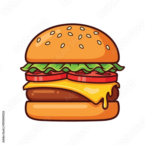 Cartoon cheeseburger with sesame seed bun and melted cheese