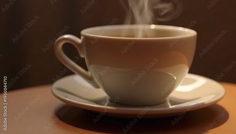 Fototapeta premium Steaming ceramic coffee cup and saucer with warm brown background, close-animated movie shot
