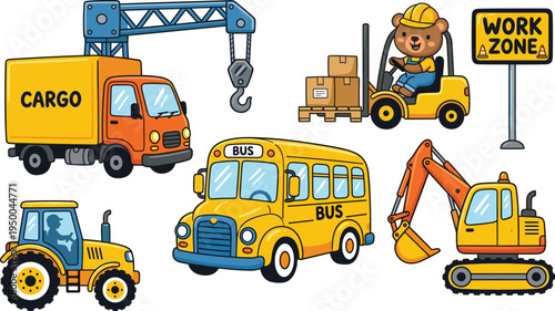 Cute cartoon construction vehicles set with cargo truck, school bus, tractor, excavator and forklift, colorful kids transport illustration collection