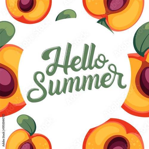 Hello Summer card with refreshing peach design. Creative summer greeting