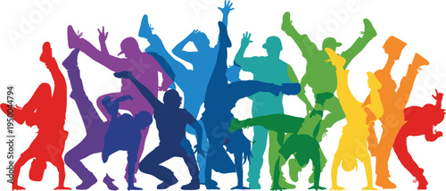 Colorful breakdance dancers silhouettes set, hip hop street dance performers in dynamic poses, urban dance culture vector illustration isolated on white background