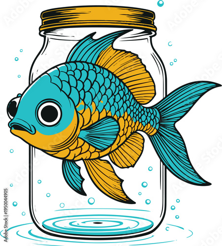 Colorful bold line art illustration of a fish swimming inside a glass jar, minimal surreal concept, thick vector outlines, vibrant flat colors, isolated on white 1