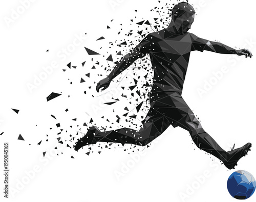 Low Poly Vector Football Player Kicking Ball, Abstract Polygon Disintegration Effect, Dynamic Motion Soccer Illustration, Isolated Athlete Silhouette for Sports Banner Design