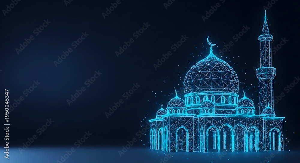Obraz premium Digital geometric mosque structure with glowing blue lights on dark background, futuristic Islamic architecture concept
