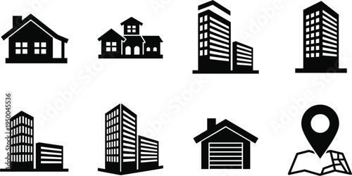 Real estate building silhouettes set, house apartment skyscraper garage location icons, urban property architecture collection, minimalist black city buildings vector isolated bundle