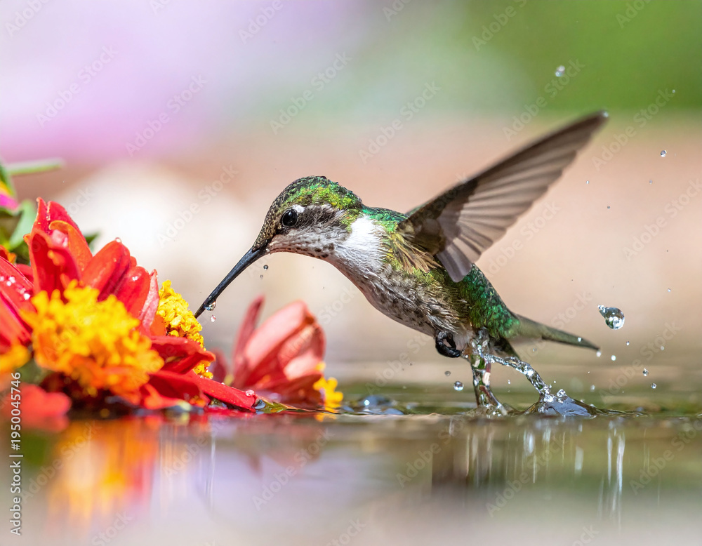 Naklejka premium Stunning macro of a vibrant hummingbird hovering over water, splashing while feeding on a bright zinnia. This dynamic nature shot captures life, movement, and beauty in a soft garden setting.