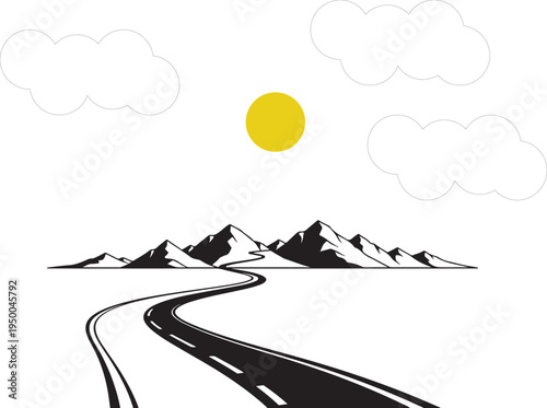 This image depicts a stylized illustration of a winding road leading to a mountain range under a sunny sky with clouds. The simple yet evocative design conveys a sense of adventure and freedom, inviti