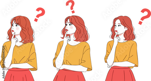 Set of 3 vector illustrations featuring a young woman with reddish-brown hair, wearing a yellow top and red skirt, in a thoughtful pose with a red question mark above her head