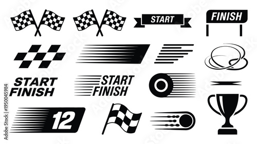 Racing and Competition Icons featuring checkered flags, start-finish lines, speed elements, and winner’s trophy, dynamic vector set for motorsport and sports events illustration.