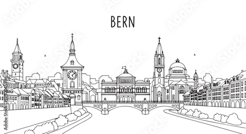 Bern Skyline Line Art Illustration of Historic Swiss Capital