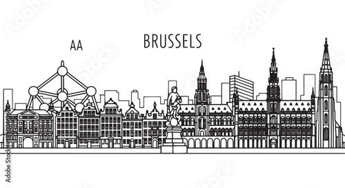 Brussels Skyline Line Art Illustration Featuring Famous Landmarks
