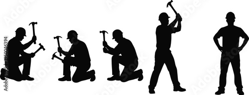 Construction workers with hammers silhouette set, builders in hard hats, kneeling and standing poses, manual labor, carpentry tools, industrial, site.