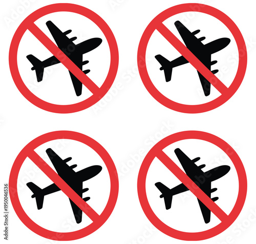 No, fly zone signs featuring airplane symbols, restricted airspace and aviation prohibition icons, warning and safety alert concept, modern flat vector illustration for airports, air traffic control, 