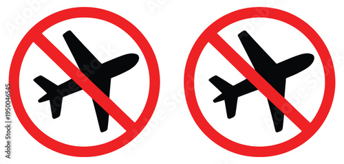 No, fly zone icon set with airplane prohibition symbols, restricted airspace and aviation hazard signs, clean modern flat vector design for airports, flight safety