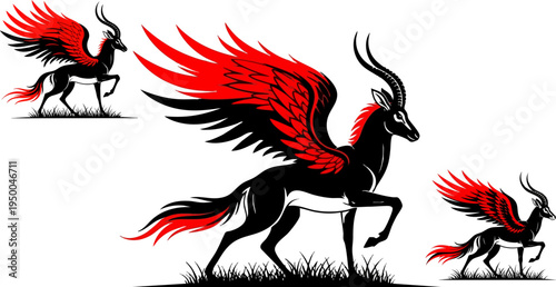 Mythical Black Antelope with Striking Red Wings Vector Illustration Set for Fantasy, Gaming, and Logo Design