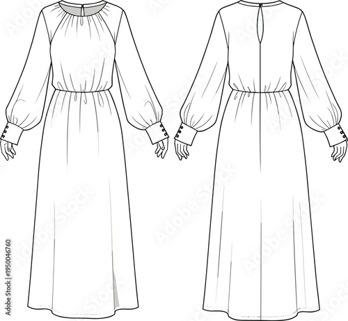Long sleeve gathered dress fashion flat, vector sketch, technical drawing, full length garment front back, cad template, clothing illustration design