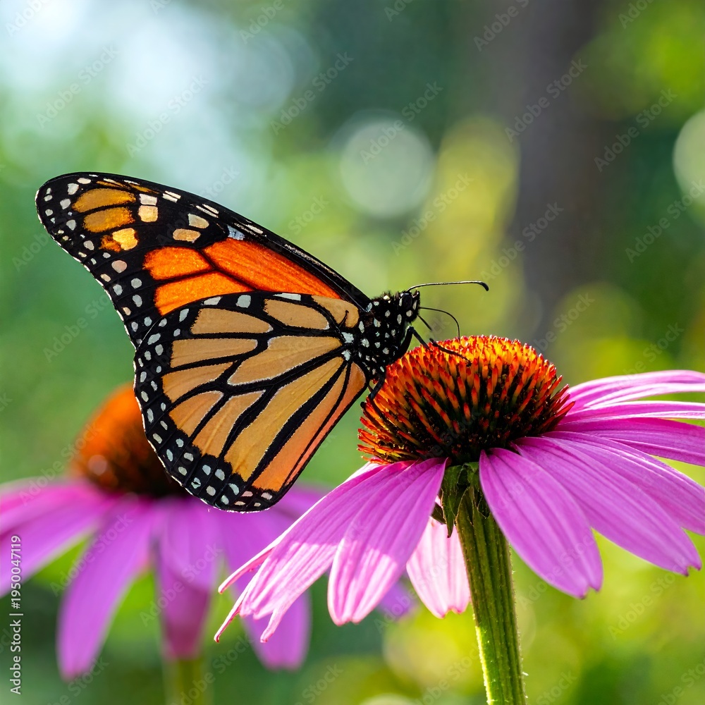 Obraz premium Monarch Butterfly Perched on a Vibrant Purple Coneflower in a Sunny Garden.
