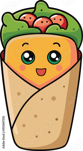 Cheerful cartoon burrito with green eyes and wide smile Keywords: burrito, cartoon, food, wrap