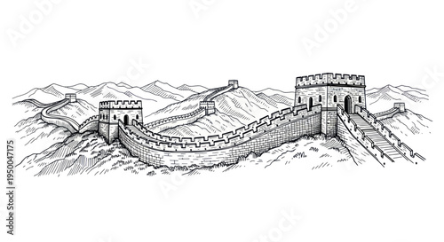 Great Wall of China drawing, ancient fortification on mountain landscape, travel landmark