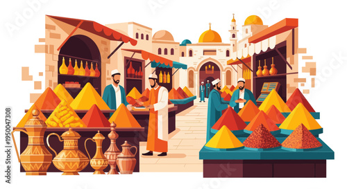 Vibrant Moroccan Spice Market with Merchants and Colorful Piles of Spices