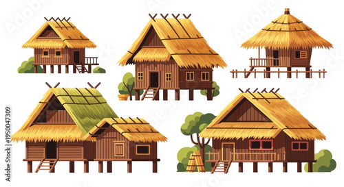Traditional Southeast Asian Stilt Houses with Thatched Roofs