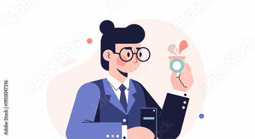Person in suit holding phone and cup, with abstract shapes