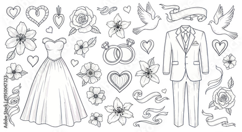 Wedding Dress, Suit, Rings, Doves, Flowers & Ribbons - Hand Drawn Sketch Elements