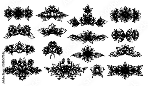 Decorative black floral motifs set with elegant flowers leaves and ornamental botanical elements vector