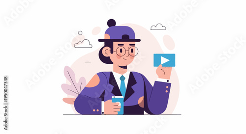 Person in suit holding phone and video play button with clouds