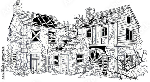 Abandoned Watermill Building, Crumbling Stone Architecture, Rural Decay Scene