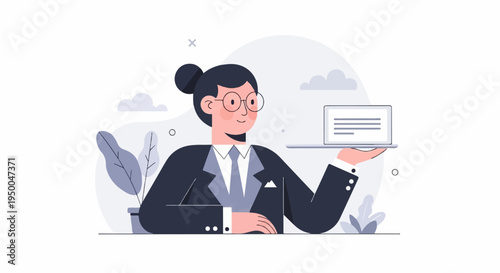 Person in suit presents a laptop on a tray with abstract background and plants