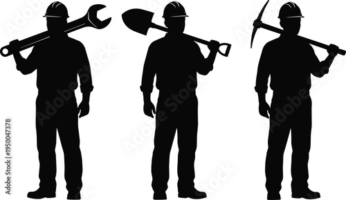 Construction worker silhouettes, industrial labor team, safety helmets, workforce unity, building industry, teamwork concept, labor force, construction site, occupational safety, silhouettes