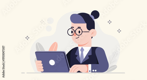 Person in suit using a laptop with minimalist background design elements