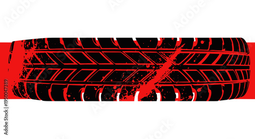 Black Tire Tread Mark with Red Streak on White Background