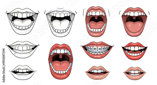Collection of Diverse Mouths, Expressions, and Dental Health Illustrations