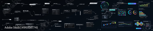 Futuristic HUD interface sheet with routing diagrams, telemetry panels, scan modules, signal charts, vector nodes, and sci-fi control elements in a dark technical dashboard layout.