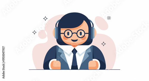 Person in suit and headphones, smiling with abstract shapes