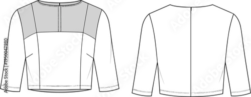 Long sleeve cropped blouse technical flat, fashion CAD drawing with contrast yoke detail, front and back vector design illustration