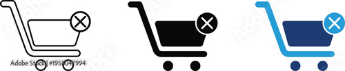 Shopping cart cancel icon showing remove item and e-commerce order cancellation. Professional illustration for retail transaction errors, digital storefront management, online shopping cart updates.