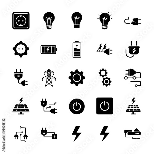 Essential black glyph icons illustrating electricity, power, and sustainable energy concepts for modern interfaces