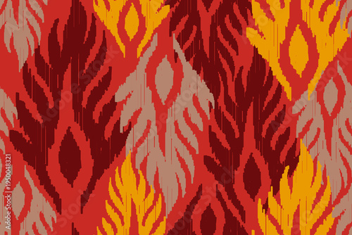 Modern Colorful Ikat Vector Illustration, Tribal Geometric Textile Design, Ethnic Hand-Drawn Feathered Leaf Ornament, Bohemian Abstract Folk Art Background for Home Decor and Fashion, Damask Design.