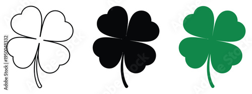 Four Leaf Clover Black Icon, minimalist clover silhouette on white background, vector element for website, mobile app, and user interface design.