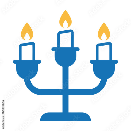 Blue menorah with three candles and flames