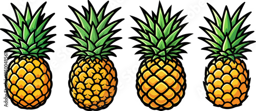 Set of 4 Fresh Pineapple Vector Illustrations with Green Leaves and Yellow Fruit, Ideal for Tropical Food and Drink Designs