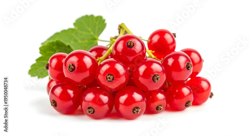 Cluster of ripe red currants with a green leaf, isolated on a white background, showcasing fresh fruit, food photography, wild berry, small fruit, tart fruit