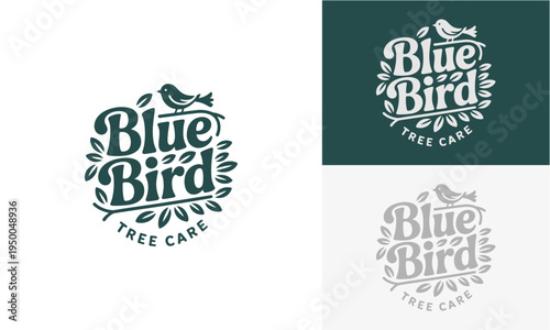 Blue Bird Tree Care Logo Design Featuring a Detailed Bird Perched on a Branch Surrounded by Leaves and Text