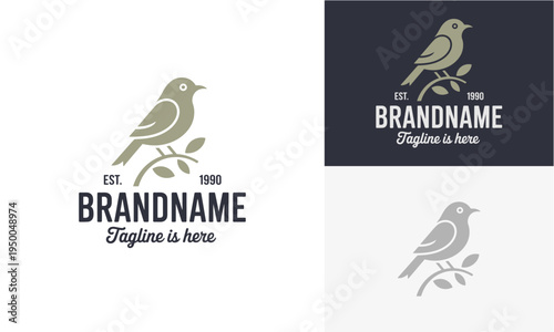 Elegant bird perched on a branch logo design, representing nature and branding identity