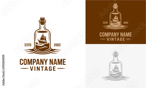 Elegant nautical branding concept featuring a majestic sailing ship gracefully contained within a glass bottle, symbolizing journey, tradition, and exploration